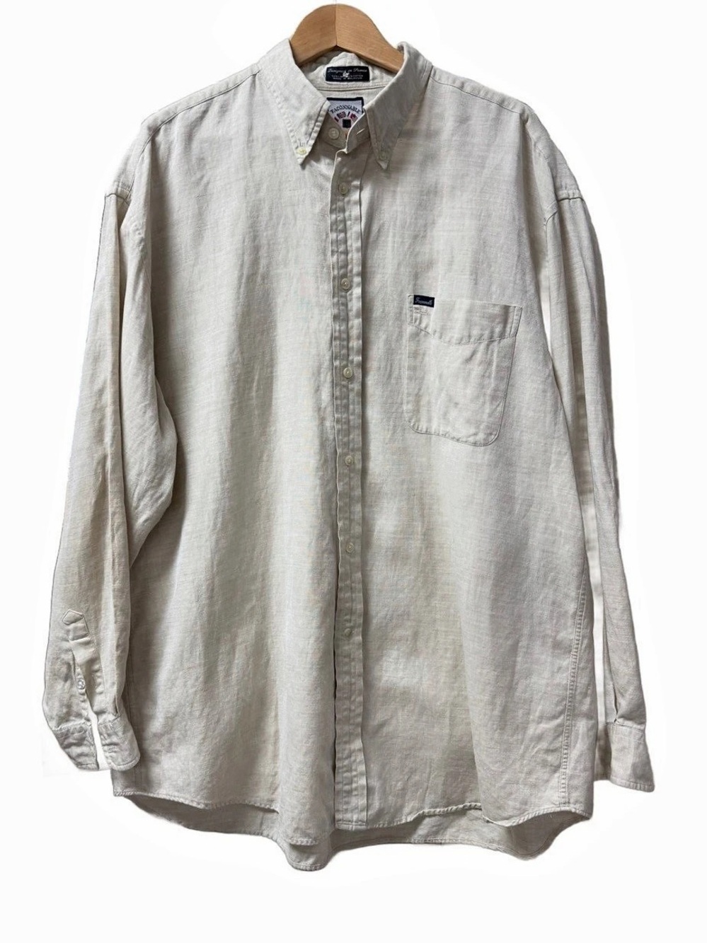 Vintage 90s Faconnable Linen Cotton Mens Shirt XXL Cream Embroidered Sleeve EUC
